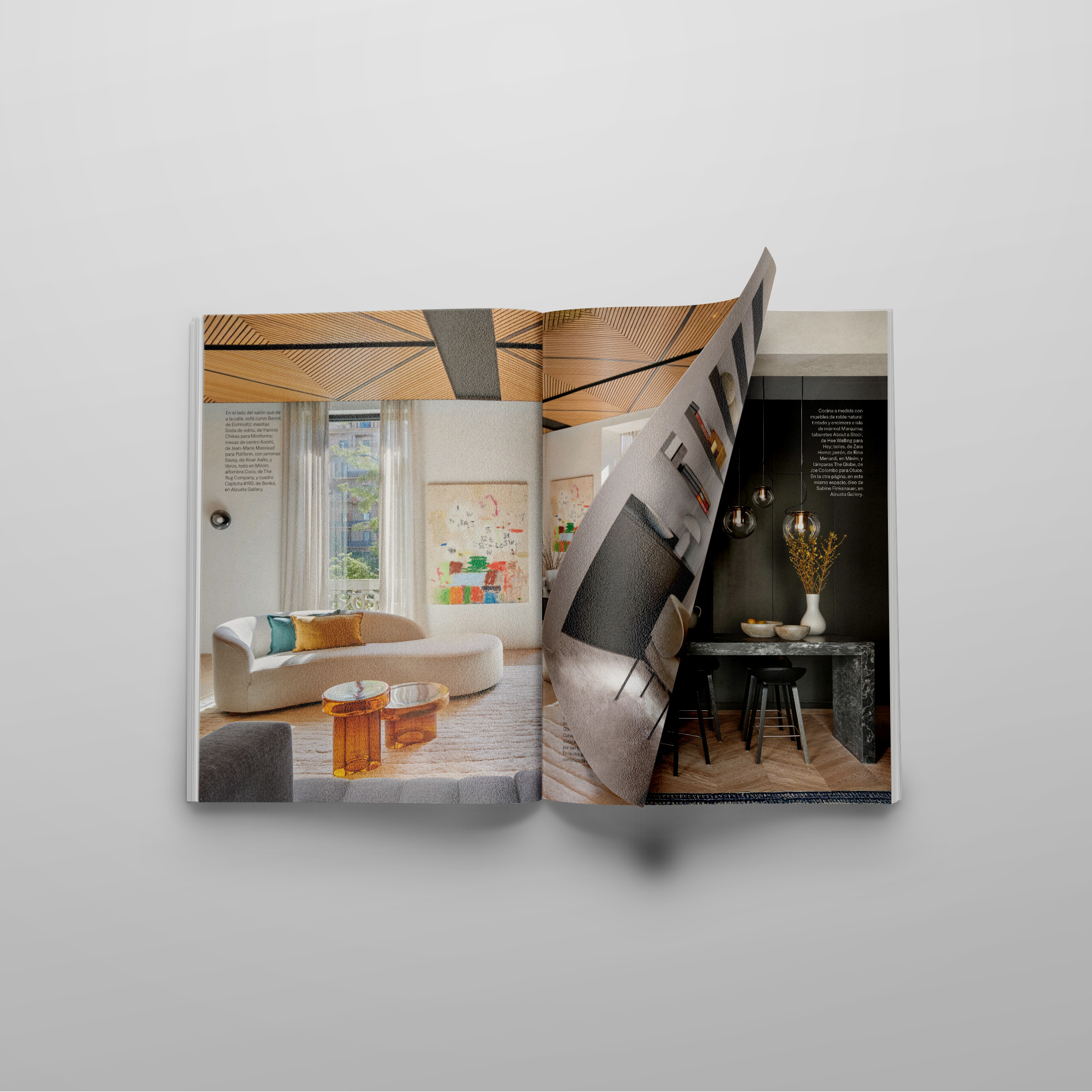 Living room and kitchen designed by LUV Studio, highlighting the contrast between a bright living space and a dark, refined kitchen.